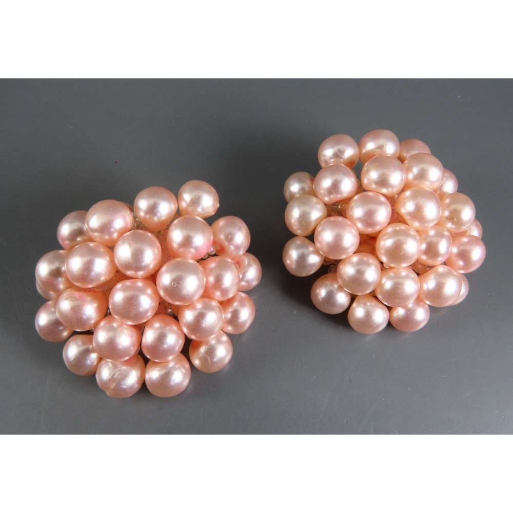 Vintage PINK FAUX PEARLS Beaded Cluster CLIP-ON EARRINGS w/Ab Crystal Seed Beads